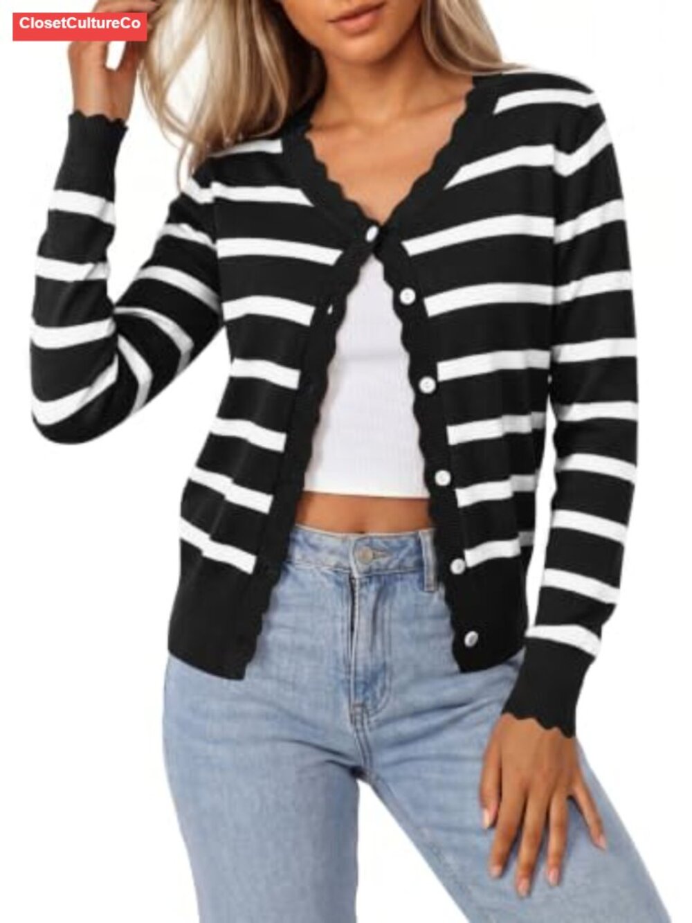 Womens Striped Ribbed Knit Cardigan Scalloped V-Neck Slim Fit Long Sleeve